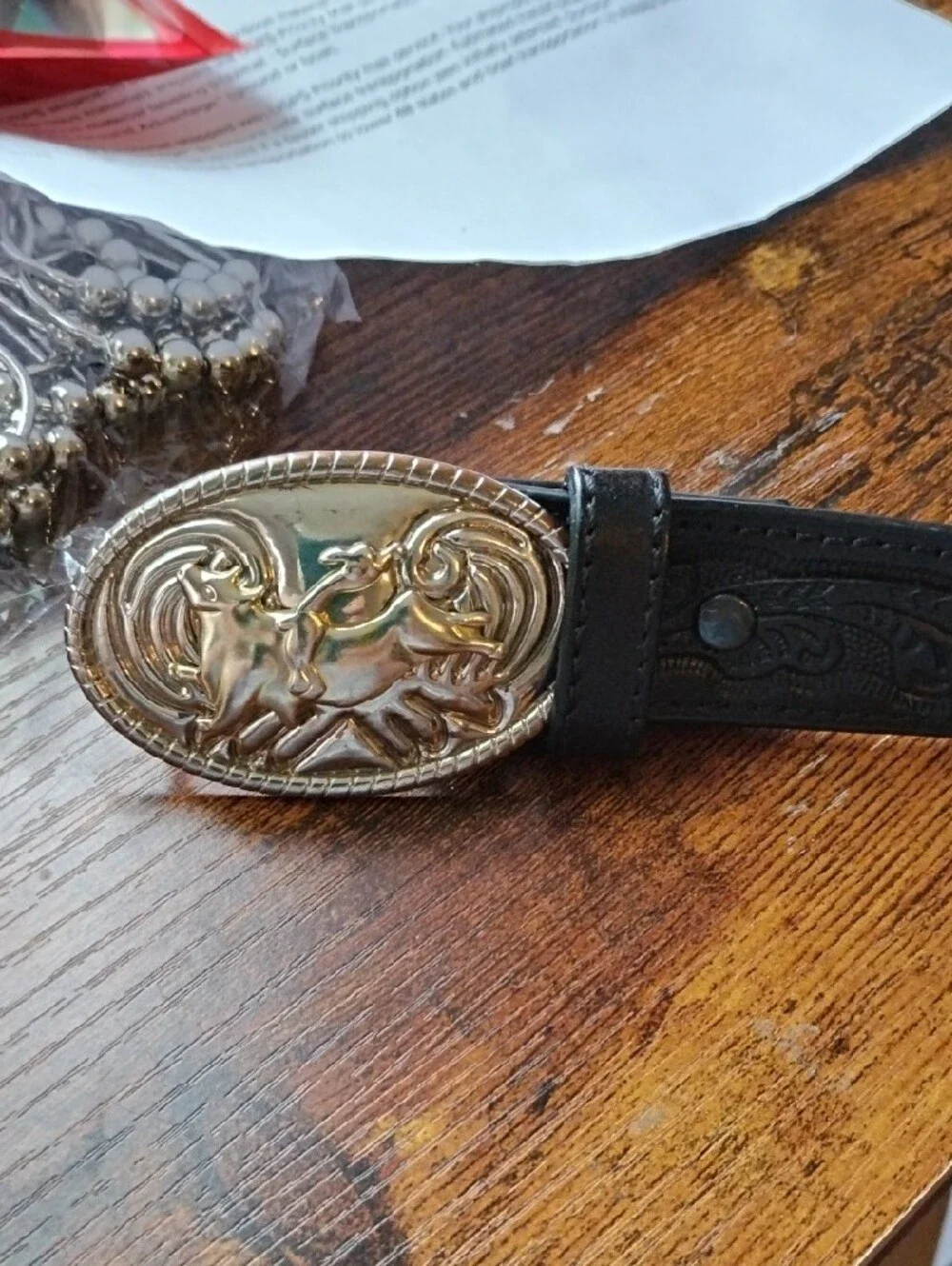 Children's Black Tooled Leather Belt with Silver Bull Buckel